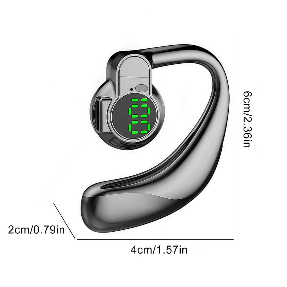 Black sleek curved earhook style open ear Bluetooth 5.4 sport headphones with a digital display showing green LED numbers.
