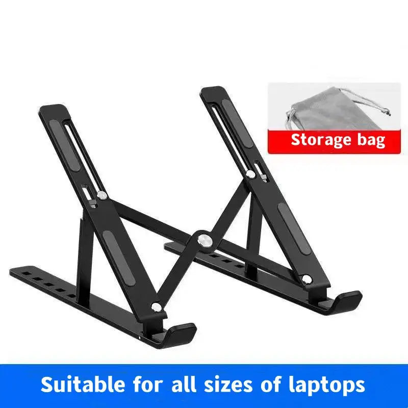 Black adjustable aluminum laptop stand with sleek foldable design and matte finish shown from the back side.