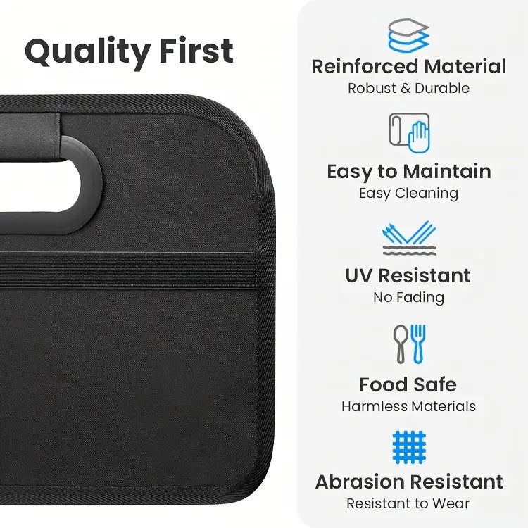 Bolsa organizadora plegable para cajuela de automóvil de tela negra reforzada, con un asa resistente y correa elástica para una colocación segura.