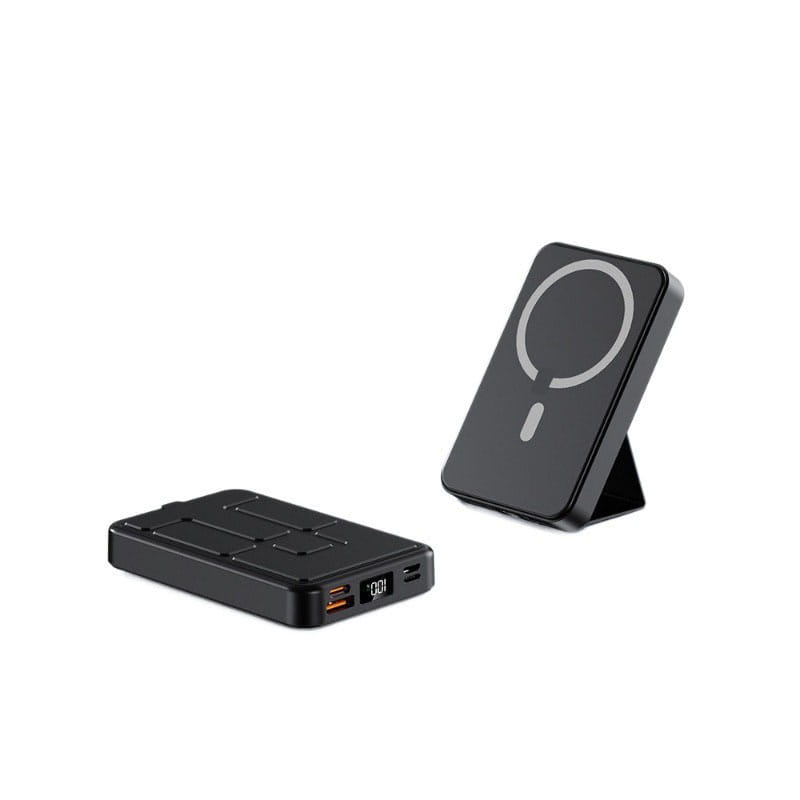 Black rectangular wireless power bank with matte finish and integrated phone stand featuring a circular magnetic charging symbol for fast charging support.