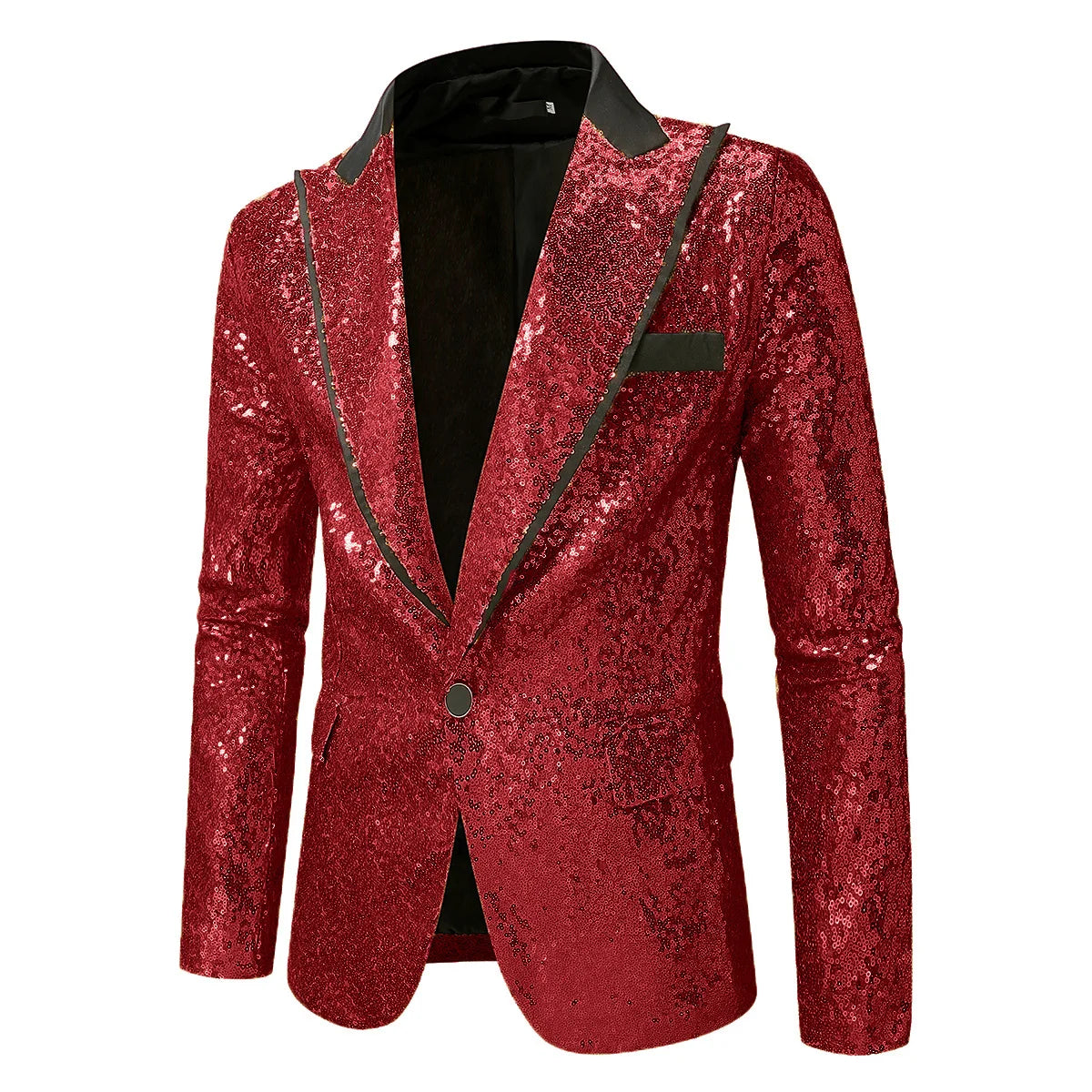 Blazer de soirée pour homme rouge à sequins, avec des finitions en satin noir et un carré de poche assorti.