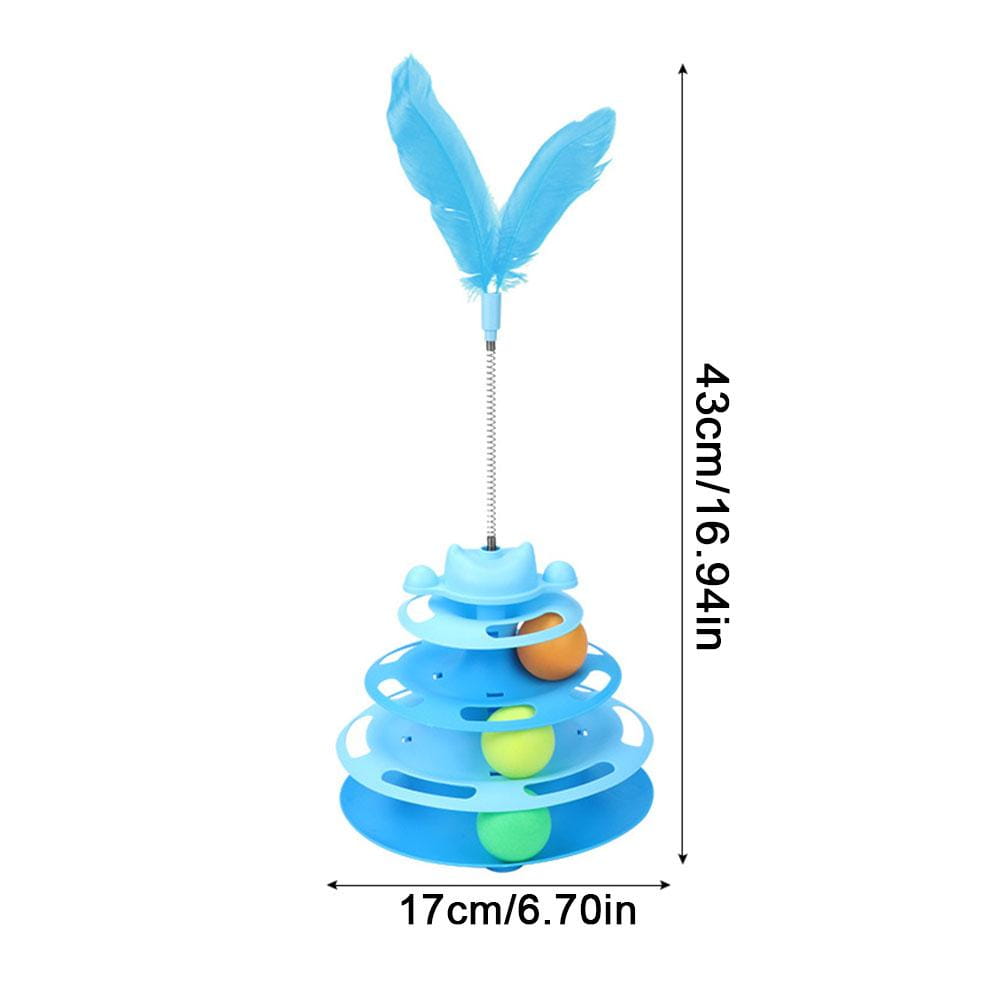 Blue plastic 4-level interactive cat toy tower with colorful roller balls on rotating tiers and a feathered top for cat entertainment.