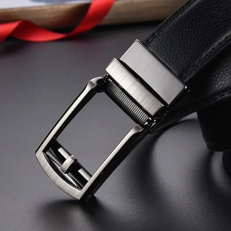 Black leather mens automatic leather belt with a sleek brushed silver-toned automatic buckle.