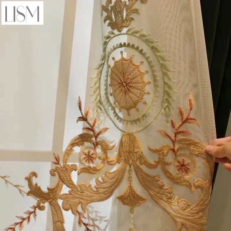 European Luxury Curtains for Living Dining Rooms Bedroom Home Textile Fabrics French Green Velvet Embroidered Curtains for Villa