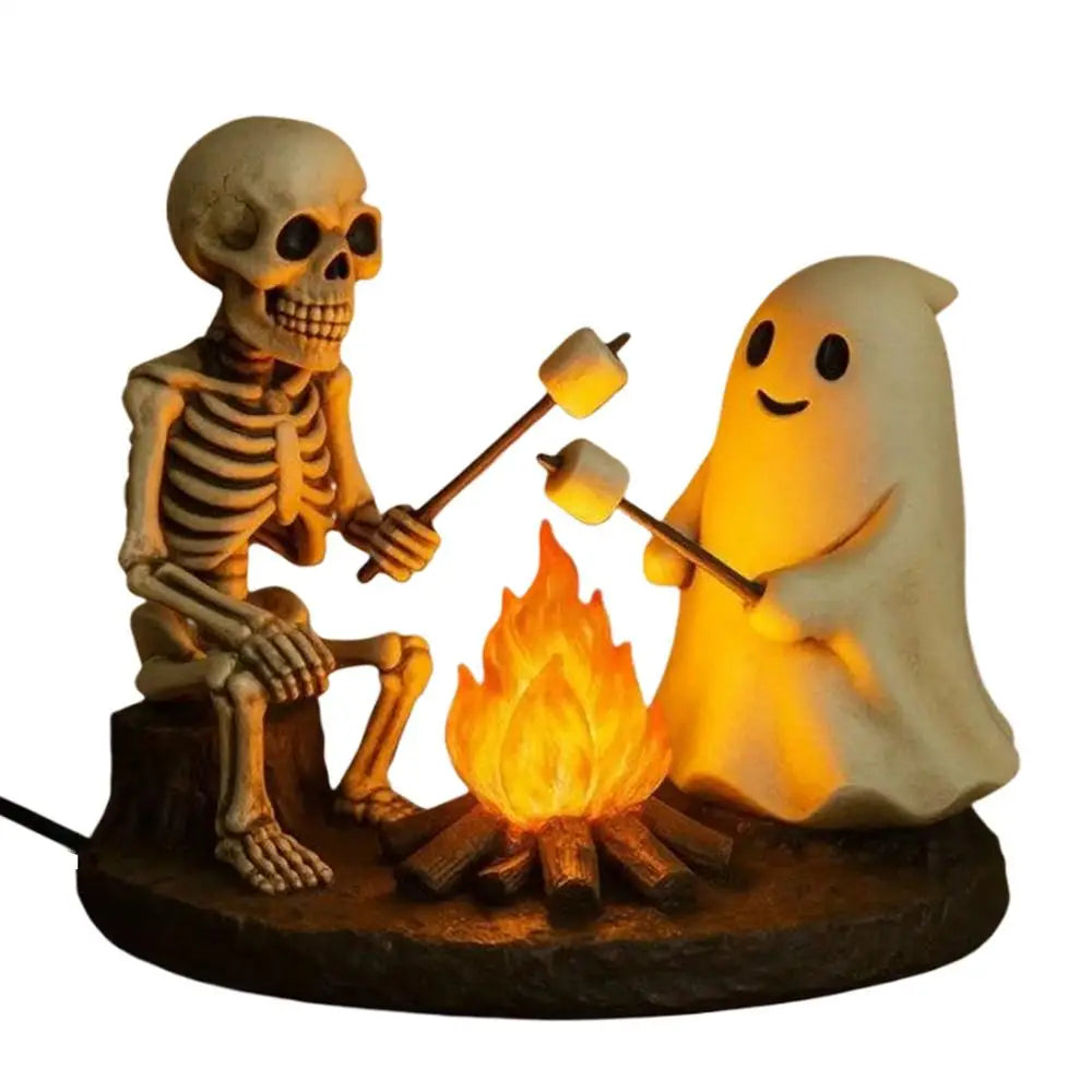 Halloween Skeleton & Ghost Bonfire Night Lamp, Flickering Campfire Nightlight, Spooky Indoor Tabletop Home Decoration Ornament