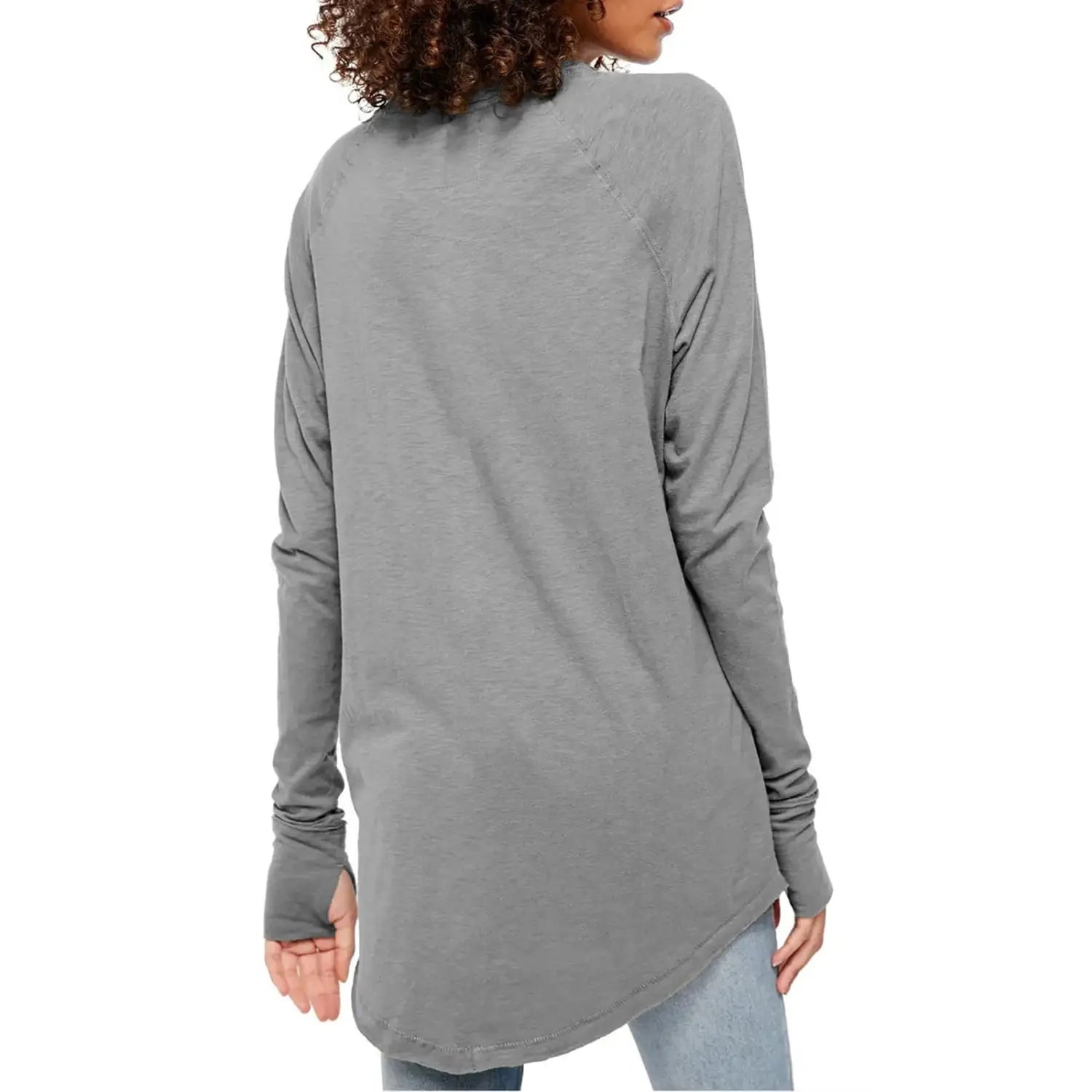 A women long sleeve cotton tunic top in soft heather gray with a relaxed fit and asymmetrical hemline featuring long sleeve design.