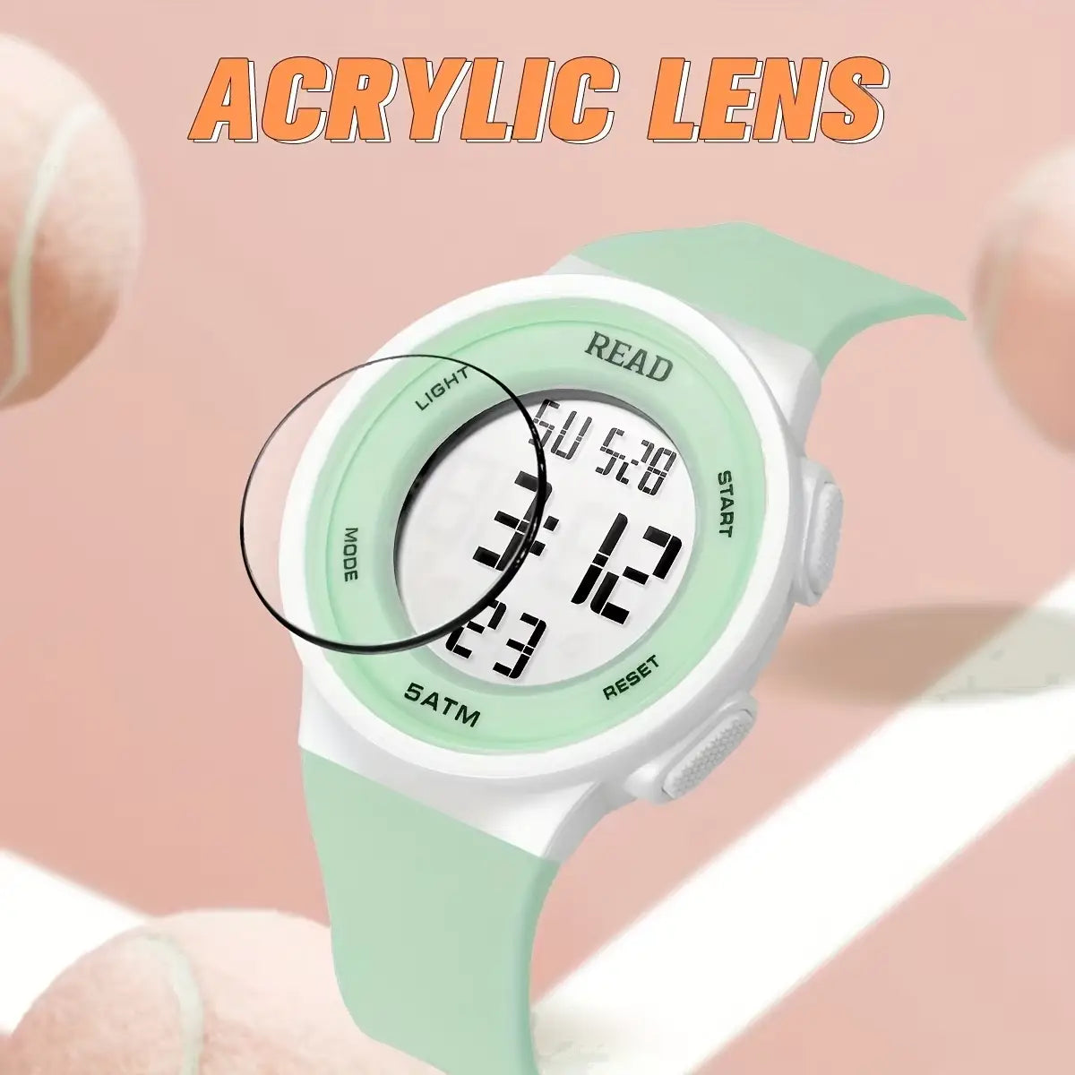 A mint green and white women digital led watch with a waterproof silicone strap designed for sports use.