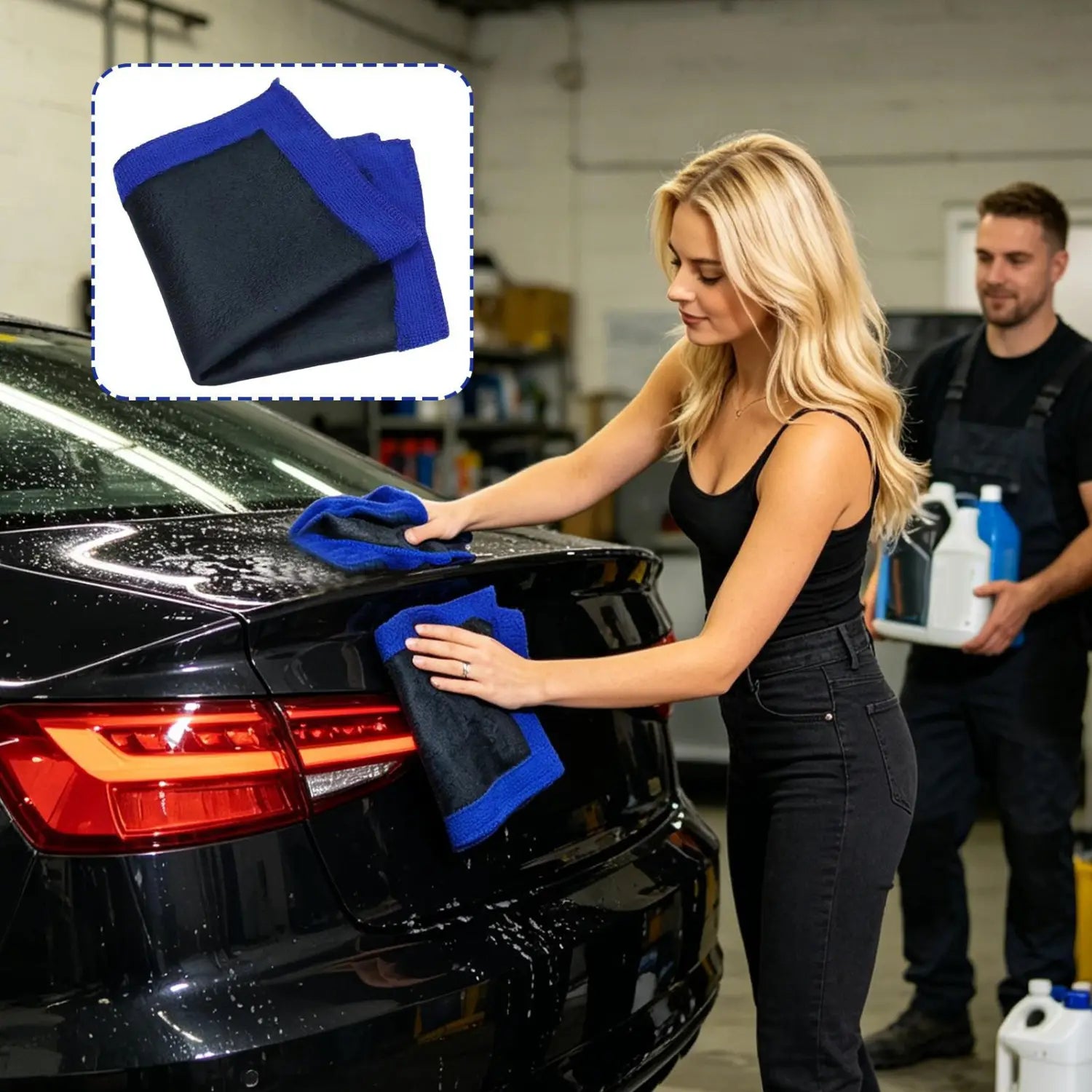 Blaues und schwarzes Mikrofasertuch für Tonerde (Clay Bar) zur Autopflege und Tiefenreinigung, von der Vorderseite gezeigt