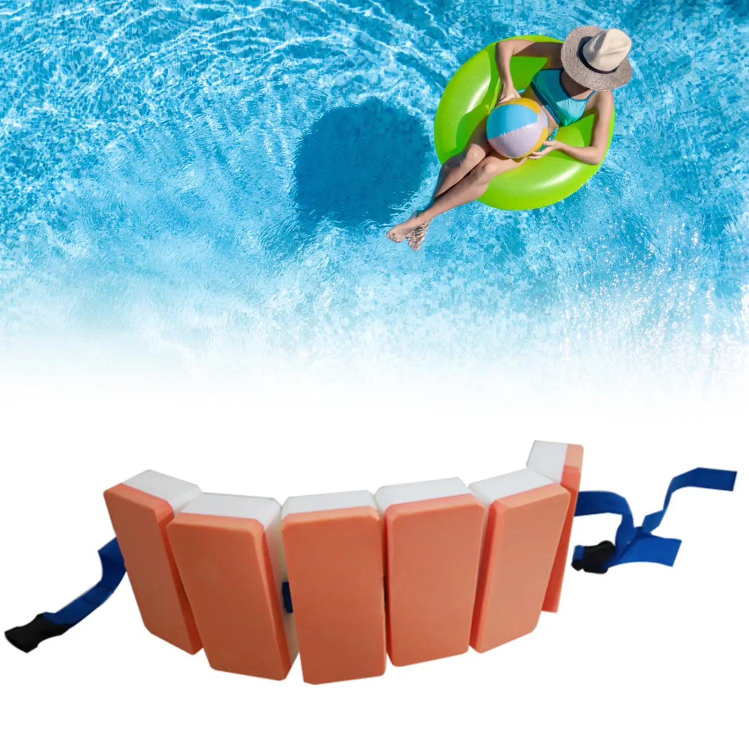 Ceinture de nage en mousse EVA gonflable orange et blanche, flotteur pour le dos, pour enfants, avec des sangles bleues réglables.