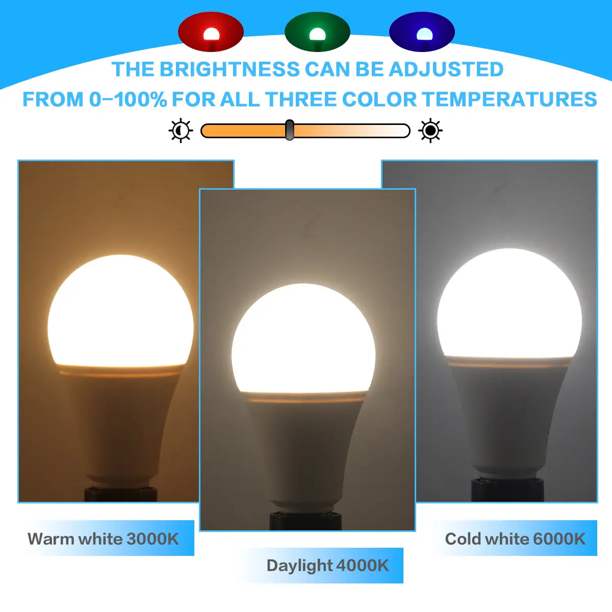 led bulb rgbw dimmable color changing spotlight with adjustable brightness and warm white daylight and cold white color temperatures