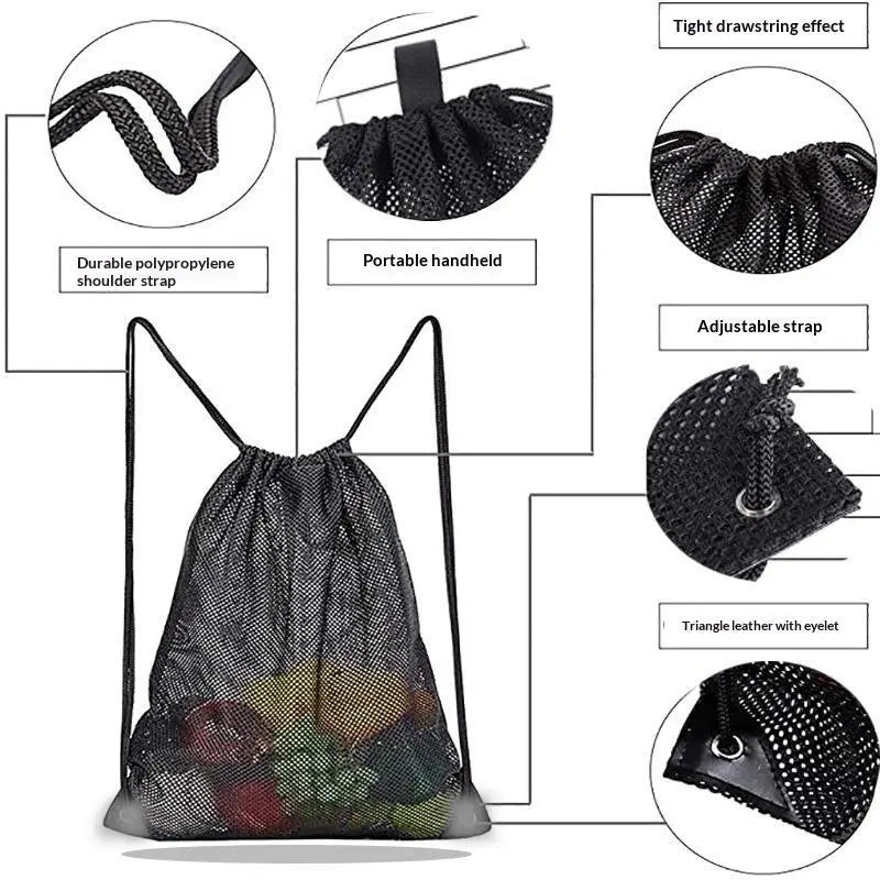 Mesh Drawstring Bag Backpack Black Mesh Bags Heavy Duty Soccer Ball Net Bag Equipment Bag For Gym Beach Swimming Gears