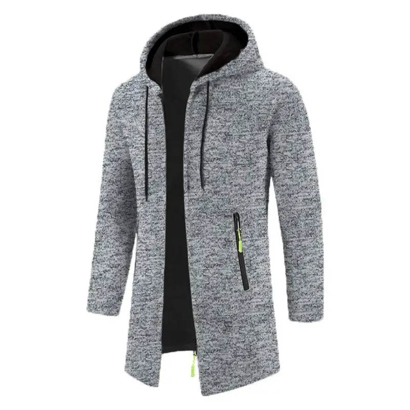 Sudadera con cremallera extragrande para hombre en tejido jaspeado gris oscuro (marled) con forro interior negro y tiradores de cremallera verde neón.