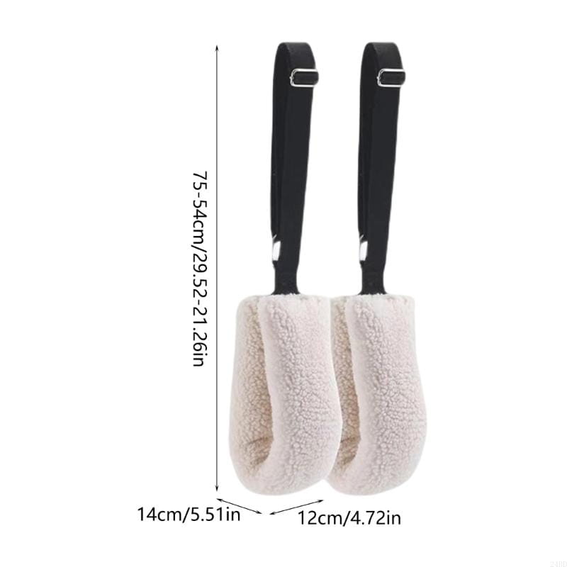 cream-colored plush fleece travel pillow featuring black adjustable pilates straps with stainless steel buckles for enhanced comfort and support.