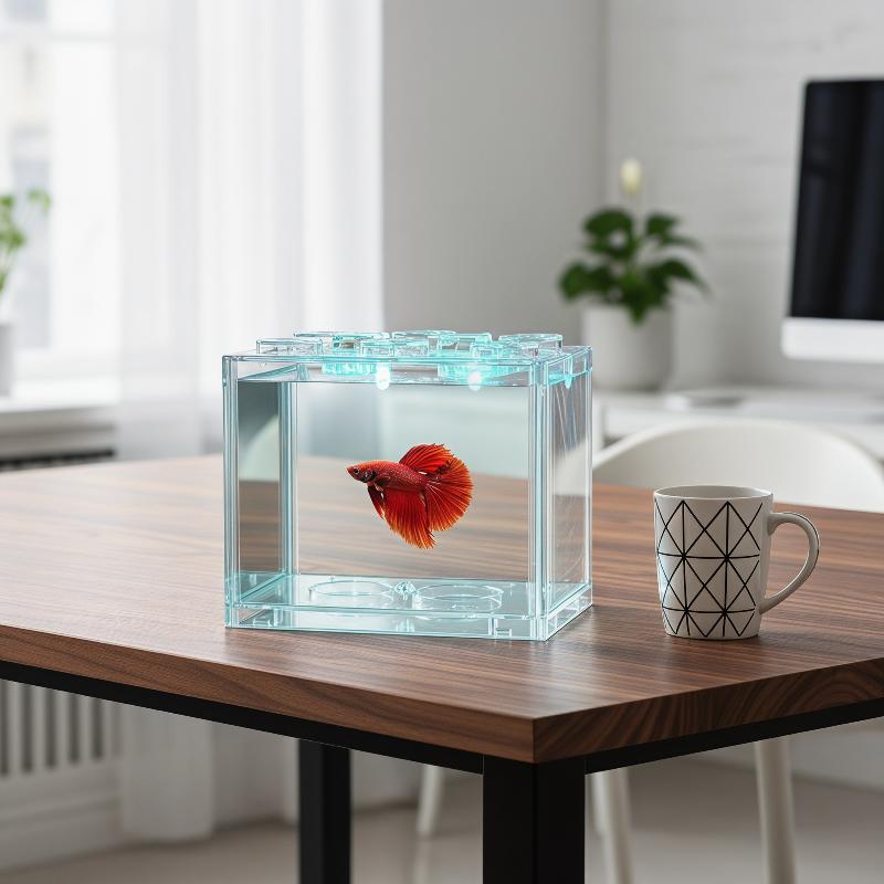 鮮やかな赤いベタ魚が水槽内で泳ぐ様子を楽しめる、積み重ね可能な透明アクリル製ベタ魚水槽デスクトップボックス。