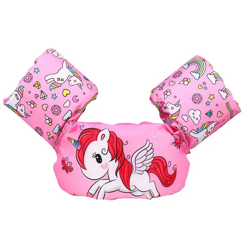 pink inflatable foam kids swim armbands featuring a cartoon unicorn with red mane and rainbow horn and colorful patterns of rainbows donuts hearts and stars for buoyancy and safety in swimming.