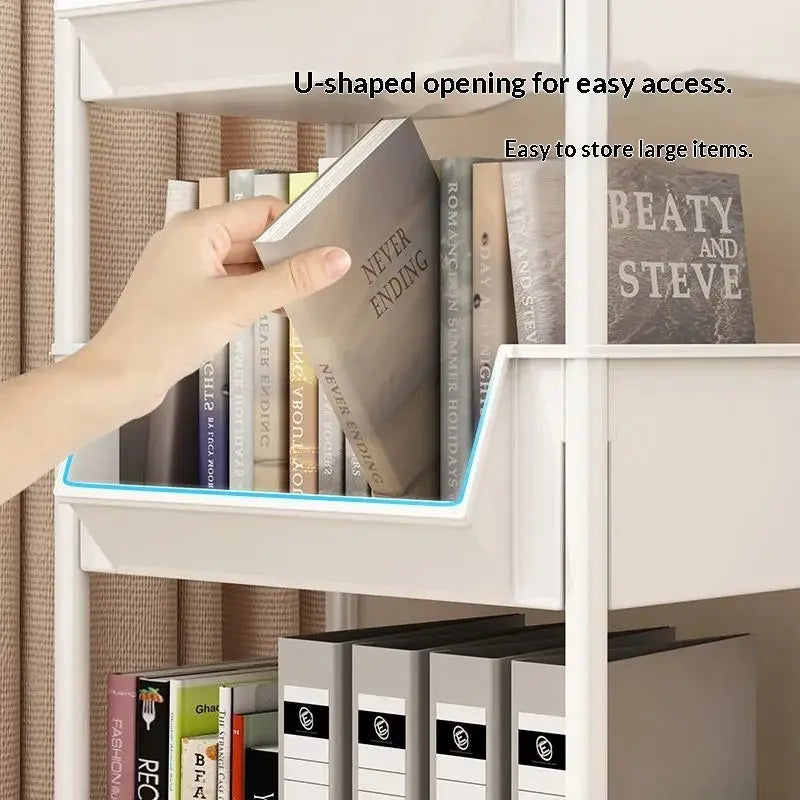 White plastic book organizer with a u-shaped opening and light blue trim designed for use with a rolling plastic storage cart with wheels.