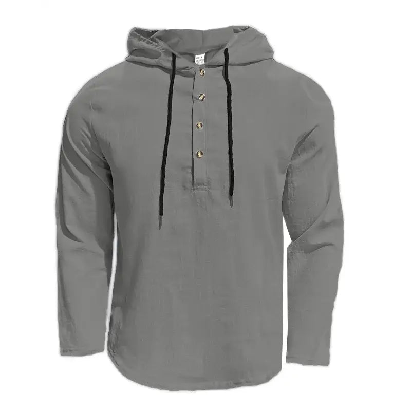 Men cotton linen hooded henley shirt in gray with long sleeves black drawstrings and three silver buttons down the front.