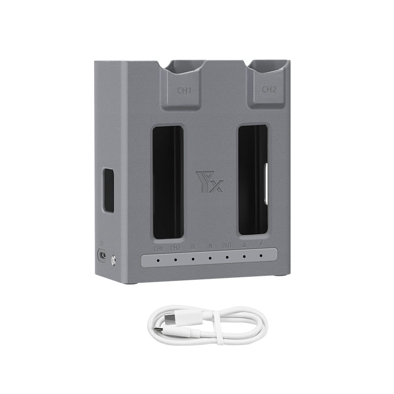 Gray dual-channel battery charger with two vertical slots and white USB-C charging cable for Dji Mavic 4 Pro dual battery charger hub