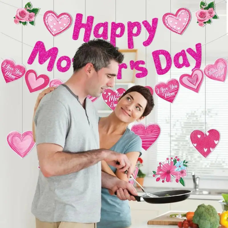 Happy Mother's Day Paper Pendant Banner Mother's Day Pink Party Decoration Heart Flower Mom Day Paper Garlands