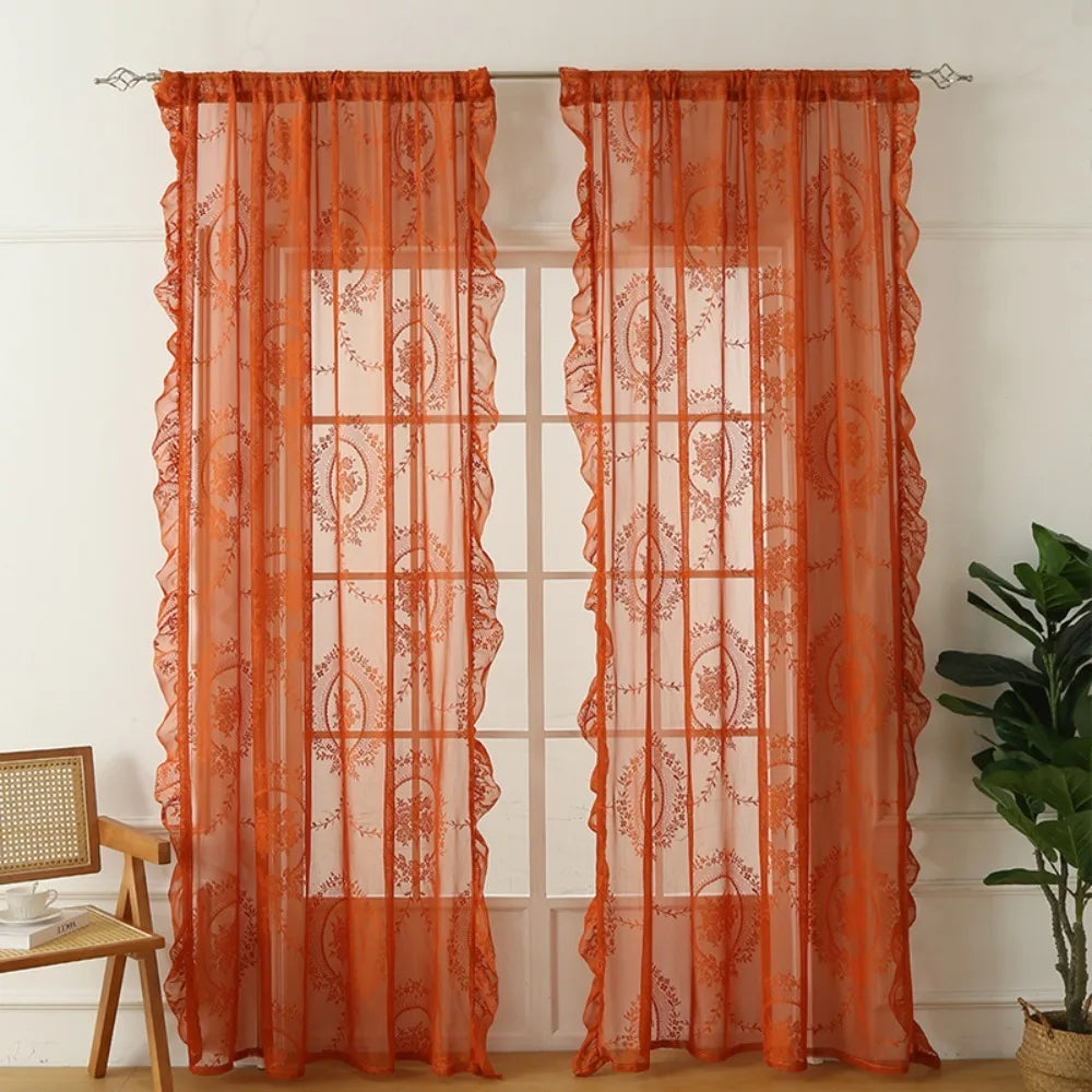 2 Pcs Home Decor Ruffled Edge French Lace Floral Curtain Retro Embroidered Gauze Curtain Rustic Voile Curtain Living Room