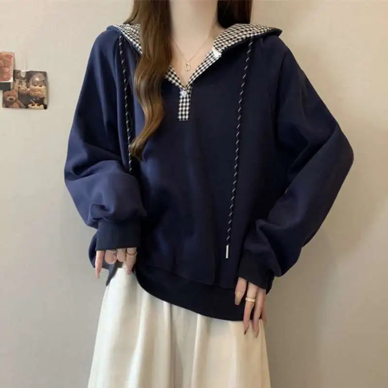 Hoodies Sweatshirt For Women Plaid 90s Vintage Korean Popular Clothes Coat Cotton Kpop Basic Spring And Autumn Woman Hooded Tops