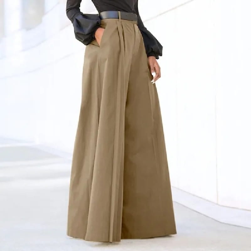 Khaki wide leg high waist tailored trousers with a structured pleated design and matching belt.
