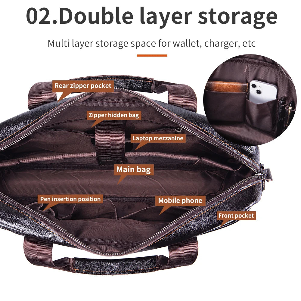 Leather Men's Briefcase, Large Capacity Business Office Bag, Cowhide Computer Bag, Can Be Carried by Hand or Shoulder
