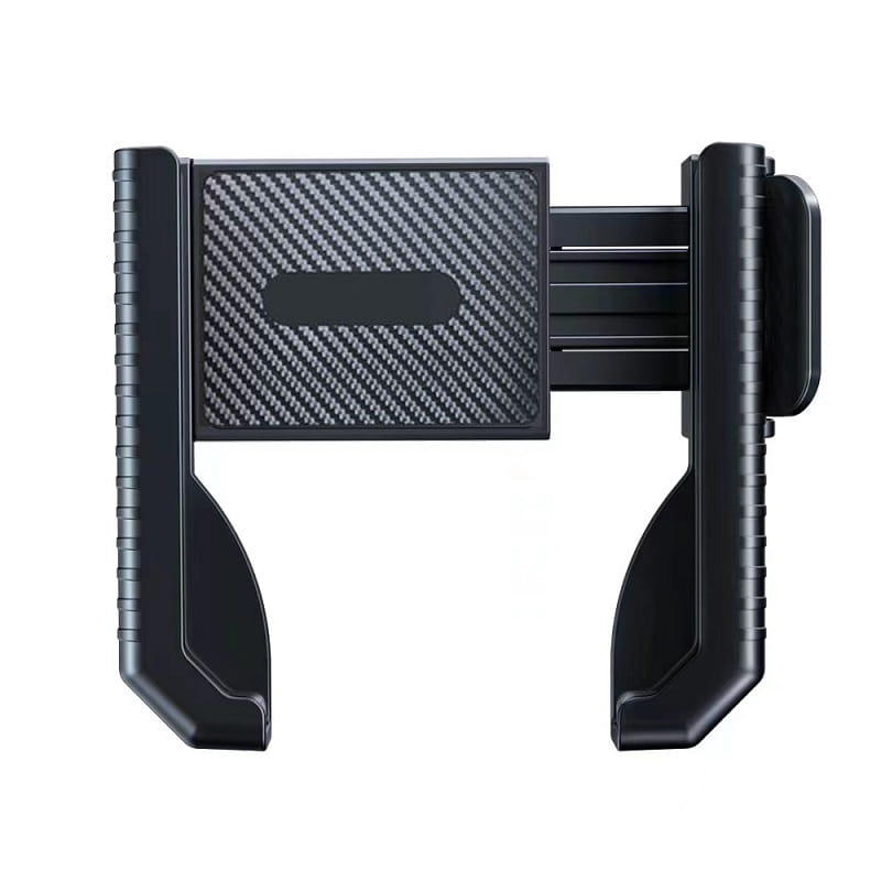 Soporte para teléfono de bicicleta con patrón de fibra de carbono en color negro, soporte universal de GPS para manillar, con laterales de agarre texturizado y ranura central para colocar el dispositivo de manera segura.