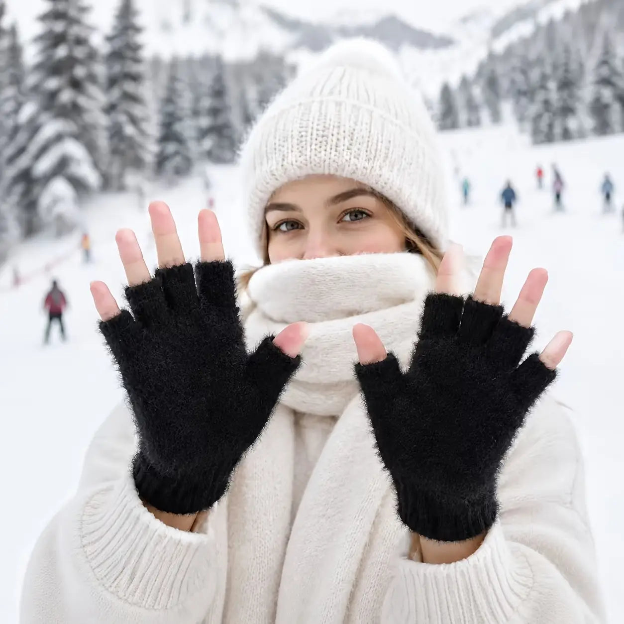 black fleece-lined fingerless gloves for women with a soft fuzzy knit texture shown from the back side
