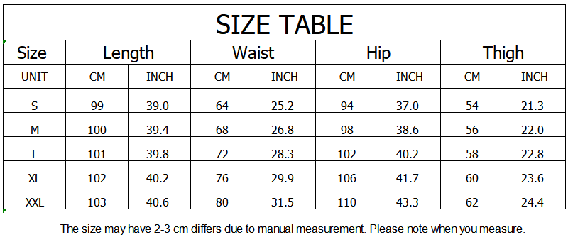 Größentabelle mit Maßangaben in Zentimetern und Zoll für Satin-Hosen mit weitem Bein für Damen in den Größen S bis XXL.
