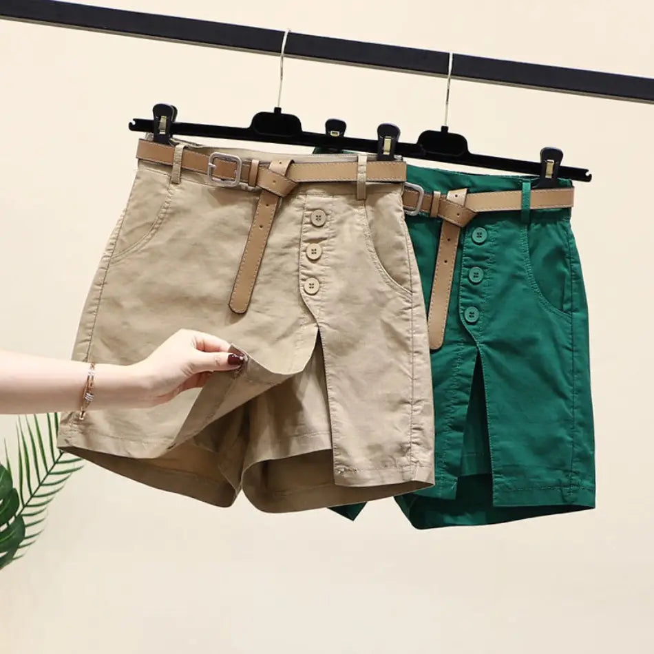 Beige and green office lady belt-front wide leg shorts with matching belt for a polished professional look.