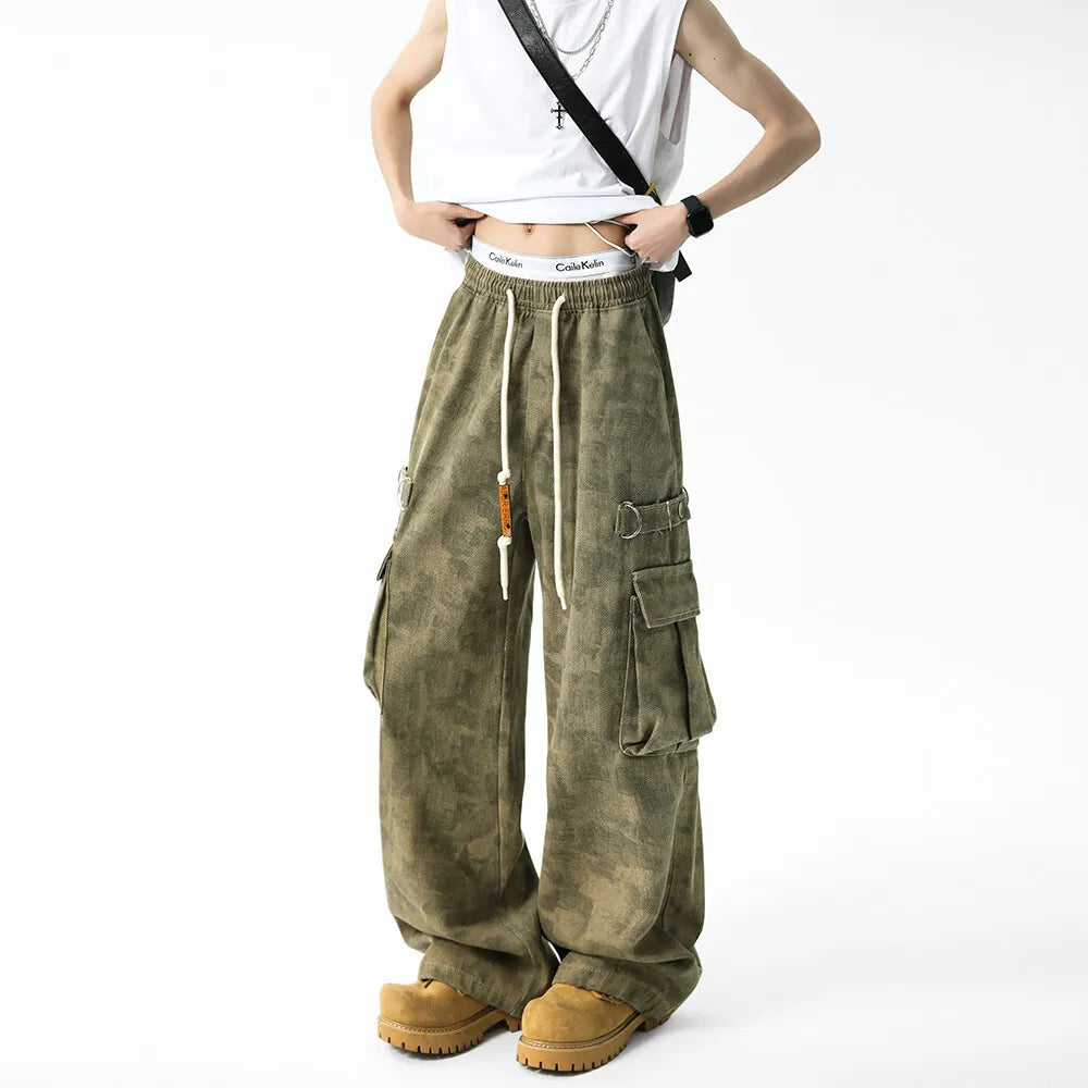 Men Military Camo Workwear Cargo Pants Elastic Waistband Drawstring Tactical Joggers Loose Straight Leg Big Side Pockets Outdoor