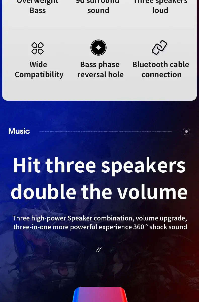 Système d’enceinte de jeu Bluetooth avec caisson de basses à DEL, trois haut-parleurs haute puissance offrant un son d’impact à 360° et une compatibilité étendue dans un boîtier noir durable.