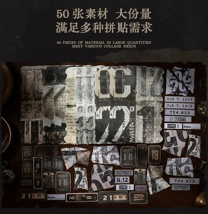 a vintage junk journal scrapbook supplies pack featuring distressed black and white paper fragments and metallic tags with faded typography for creative crafting projects