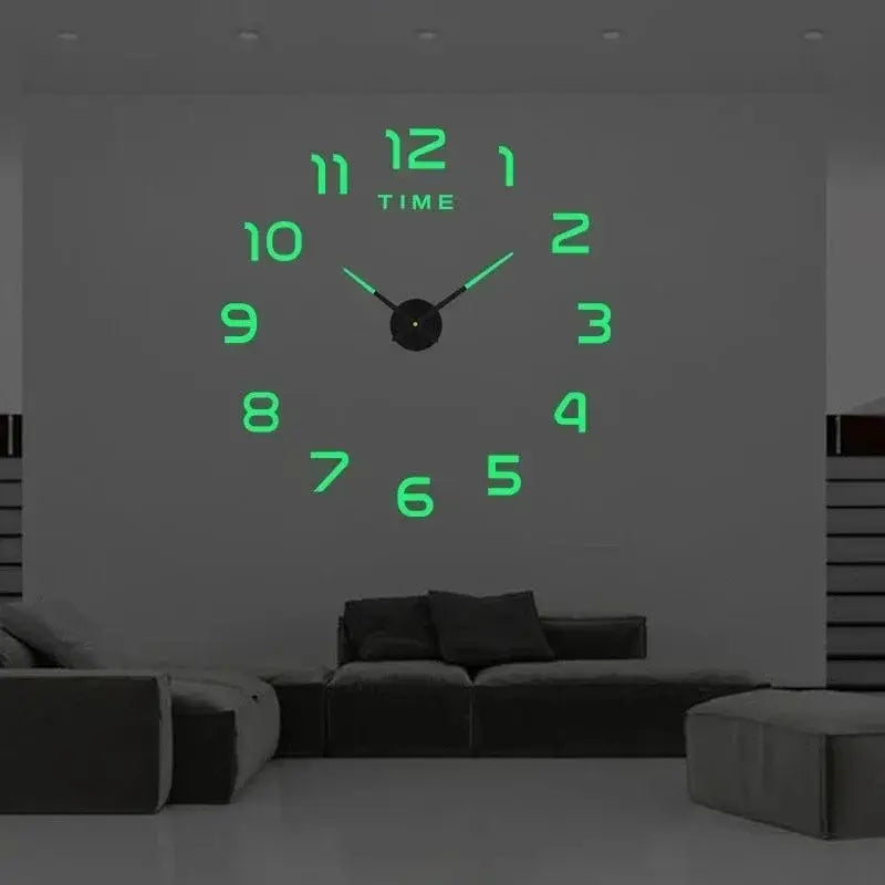 Large 3d diy acrylic wall clock with a glowing green frame black center and hands featuring the word time above the 12.
