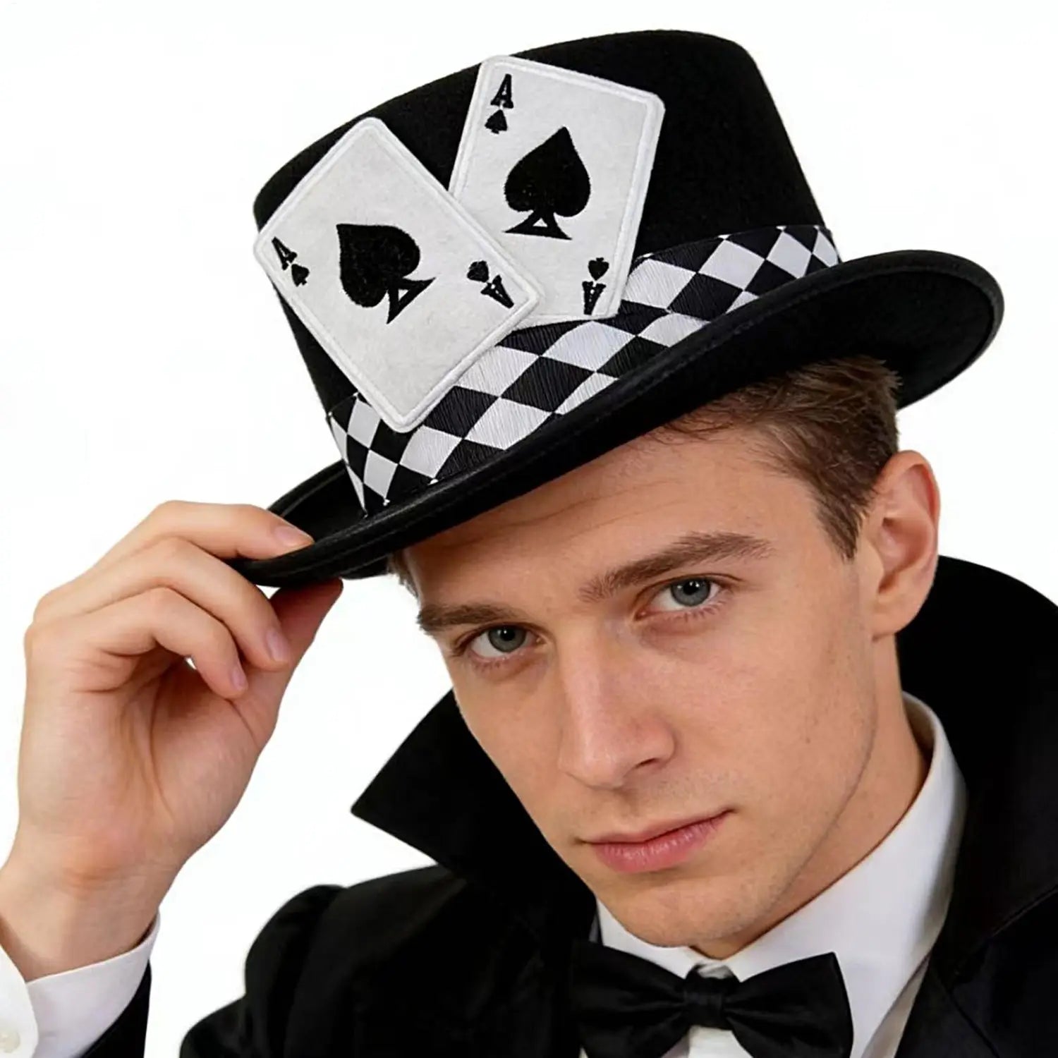 Black magician top hat with a checkered band and two embroidered ace of spades patches as a playing card costume accessory.