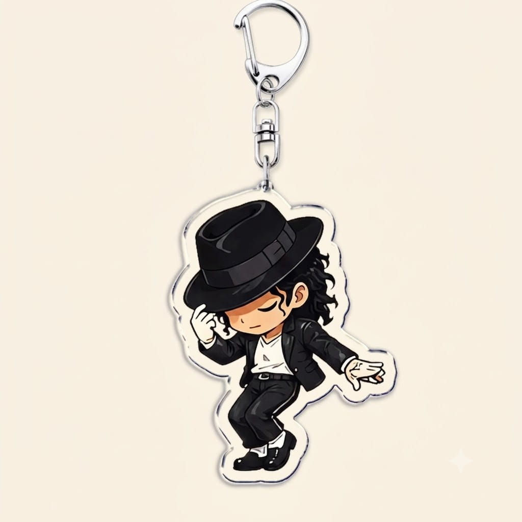 Chic black-and-white acrylic michael jackson chibi keychain featuring a cartoon depiction of michael jackson in his iconic pose with fedora and suit.