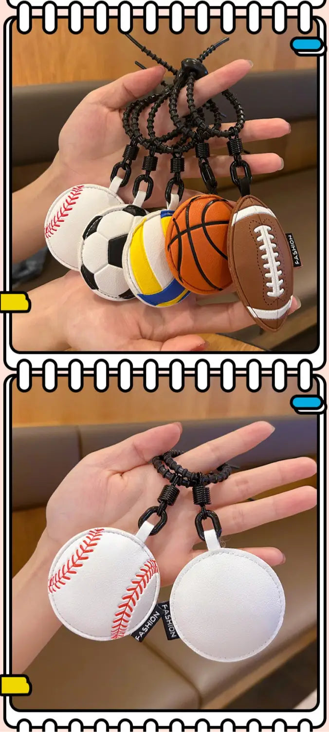 Leather sports ball keychain set bag charm featuring plush fabric-covered baseball, soccer, basketball, volleyball, and football balls in vibrant colors.