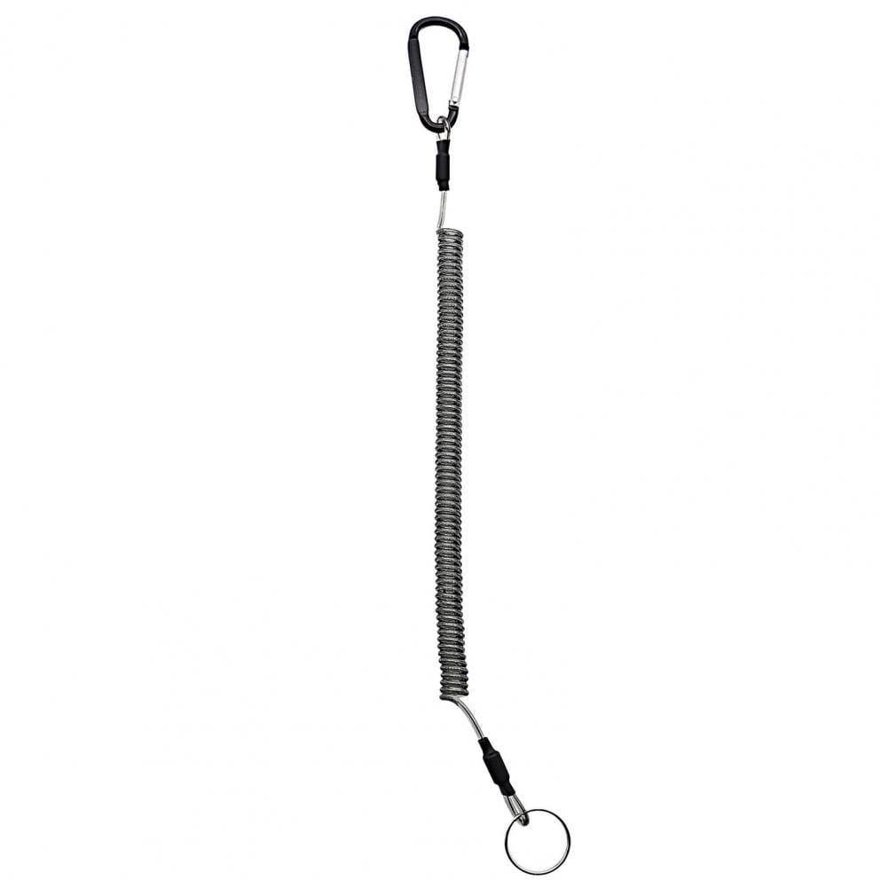 Black and silver coiled retractable spring safety lanyard keychain with carabiner clip and key ring designed for anti-lost purposes.