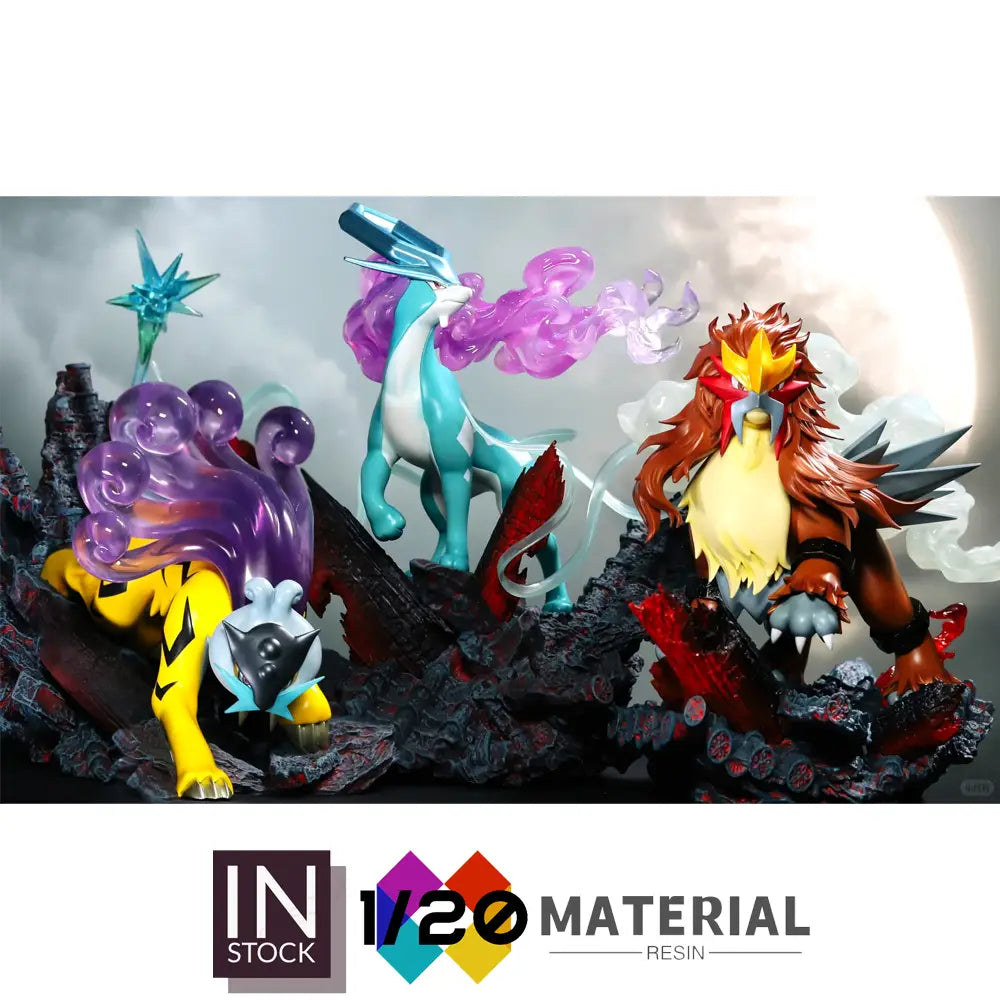 Un conjunto detallado de cuatro figuras de resina delgadas a escala 1/20 de personajes Pokémon en poses dinámicas sobre una base original brillante y quemada de torre rocosa con humo procedente de Ciudad Paleta.