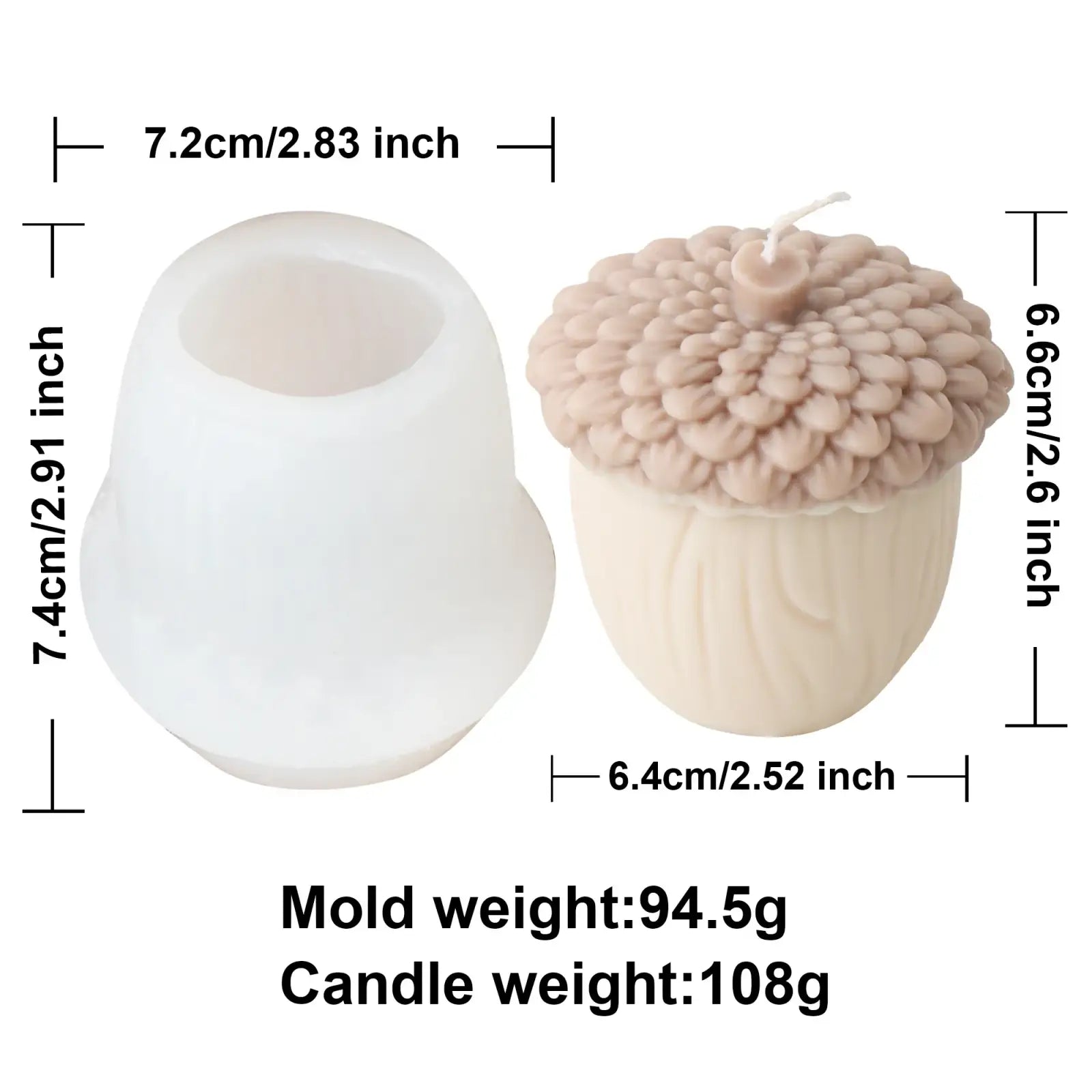 Beige acorn shaped candle with textured cap and wood grain detail made using pinecone candle silicone mold for home decor