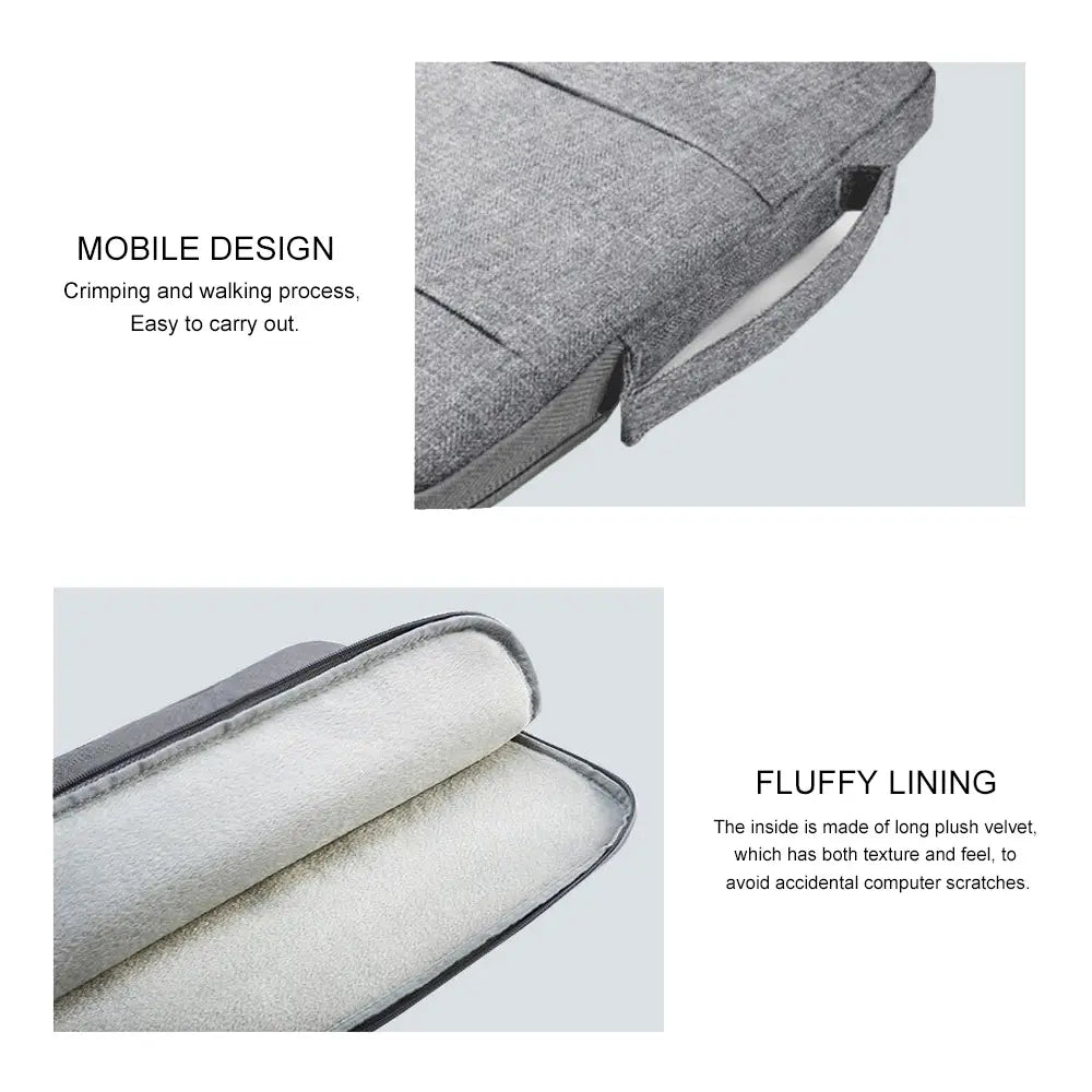 Gray textured waterproof laptop sleeve briefcase with plush white velvet interior lining for 13 to 16 inch notebooks.