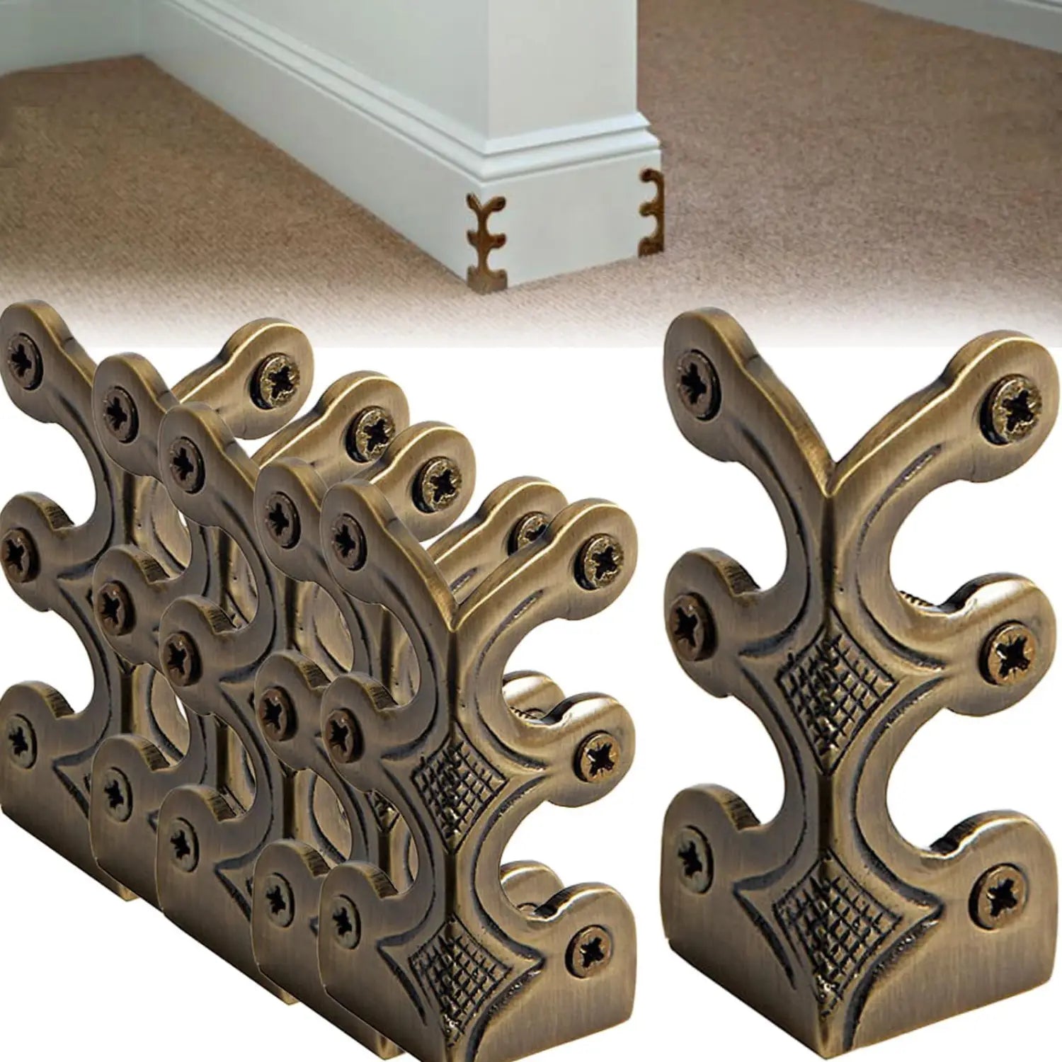 antique brass-finished metal skirting board edge guards and corner protectors with intricate scrollwork and screw-fastened design