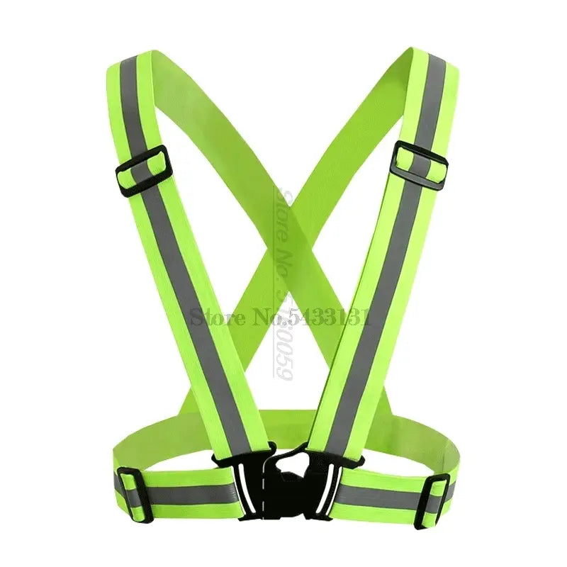 Bright lime green reflective motorcycle safety vest with black adjustable straps and silver reflective strips for enhanced visibility and safety.