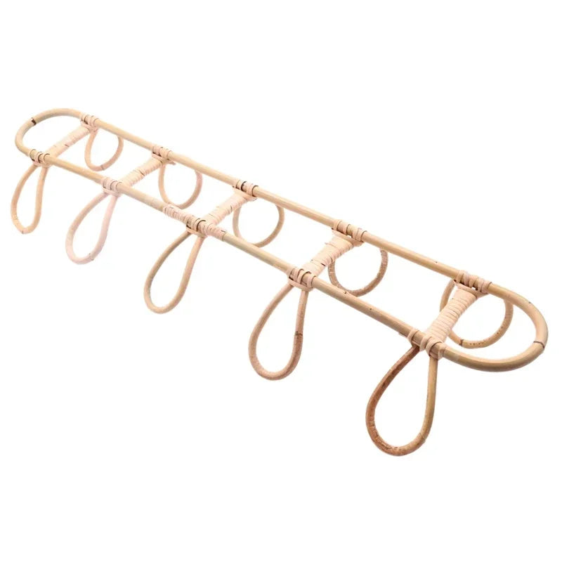 5-Hook Rattan Wall Hanger Kids Garments Organizer Rack Clothes Hat Hanging Hooks Practical Storage Decor For Kids Room Daily Use
