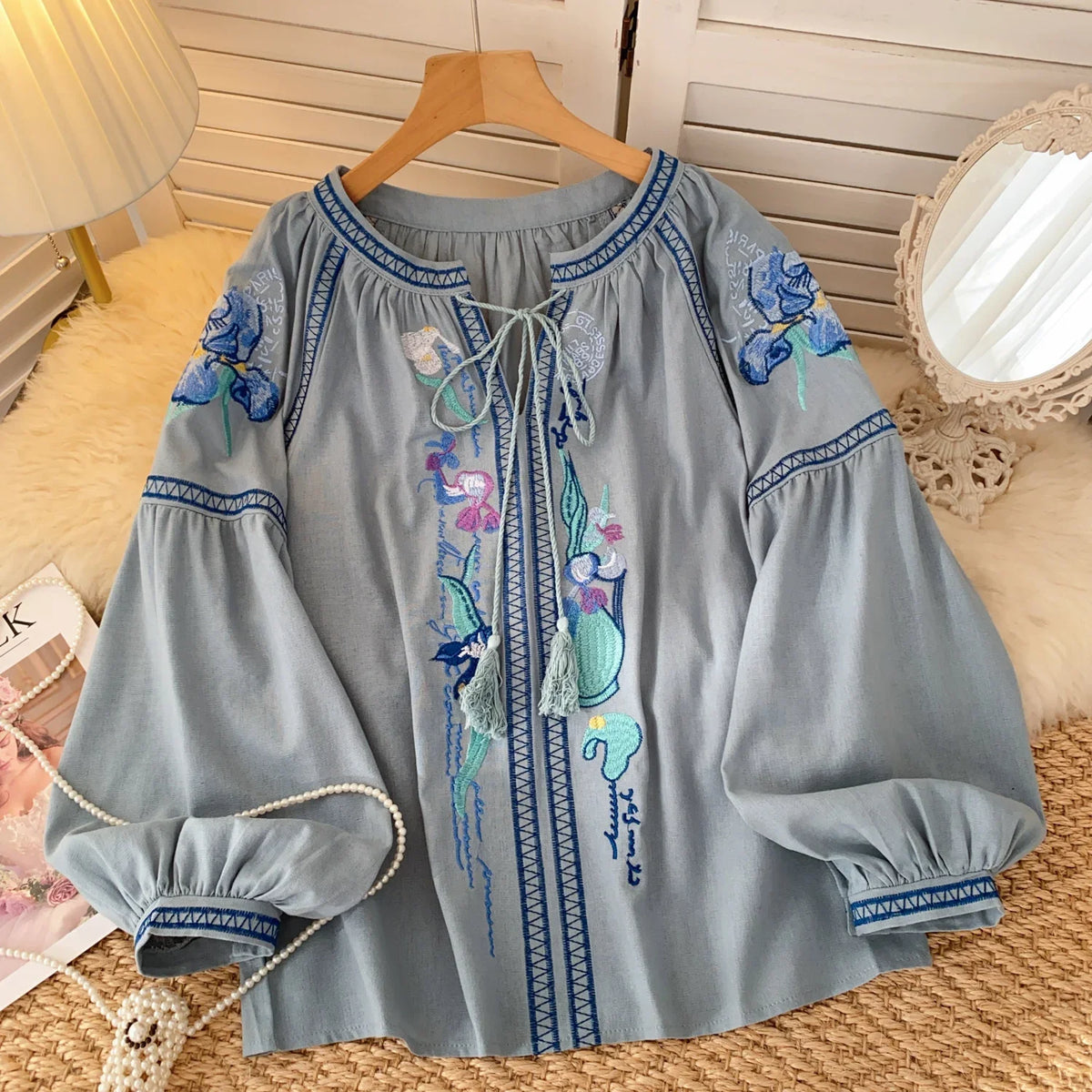 Cotton Ethnic Floral Embroidery Women Blouses Shirts Autumn Casual V Neck Tassel Lace-up Lantern Long Sleeve Blouse Boho Tops