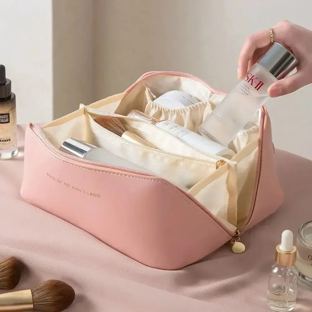 Leather Large Capacity Travel Cosmetic Bag Portable Women Makeup Case Waterproof Multifunctional Toiletry Organizer Storage Bag