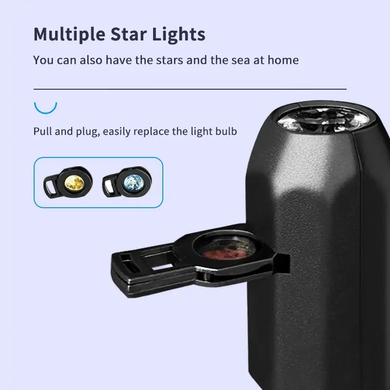 Lámpara de proyección negra de plástico con múltiples luces de estrellas que incluye bombillas intercambiables de sol dorado y planeta azul para efectos de galaxia.
