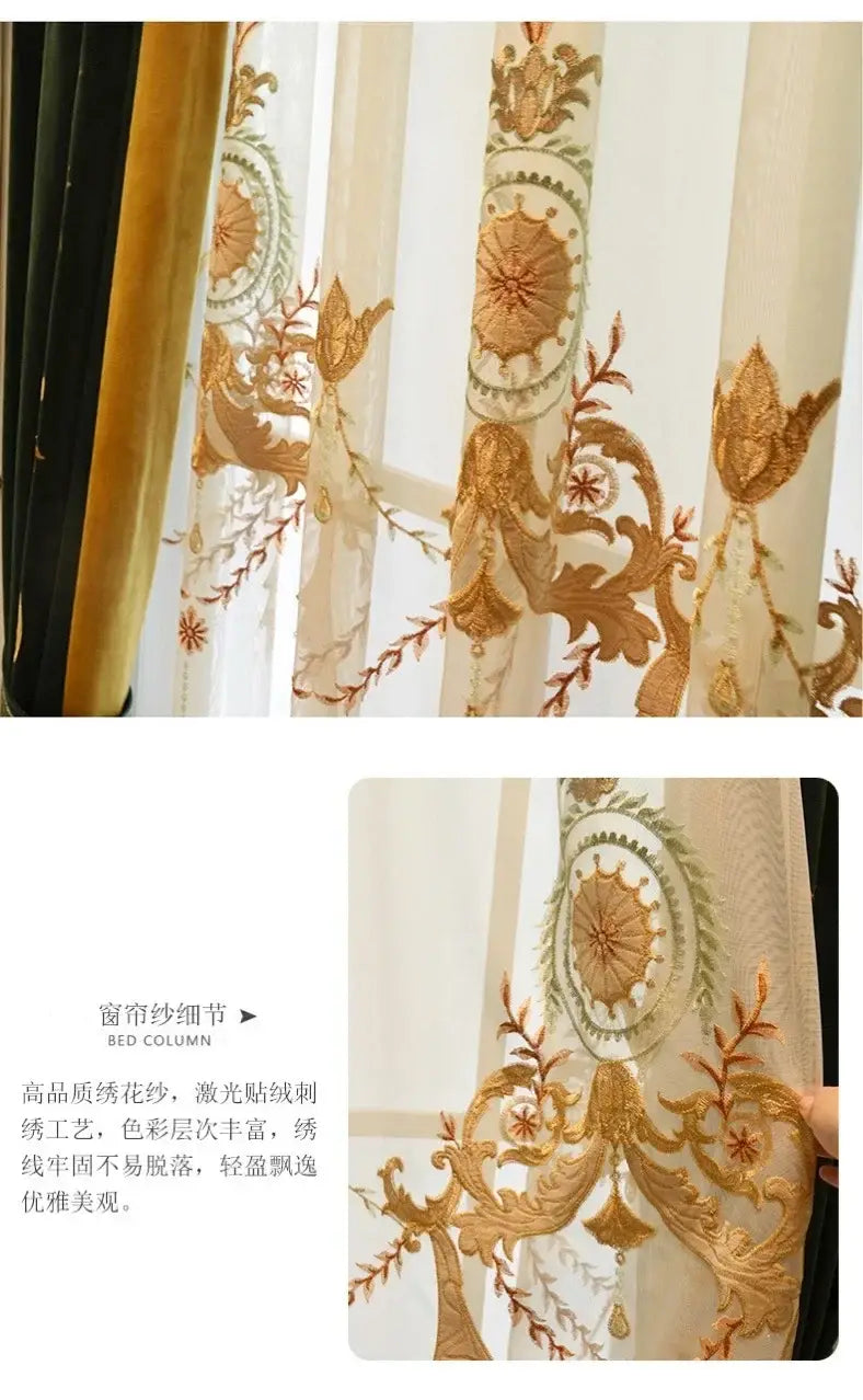 Elegant cream-colored sheer French green velvet embroidered curtains featuring intricate gold and green floral embroidery with ornate vintage-inspired patterns and tassel tieback beads.