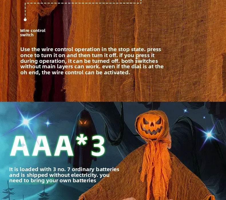 calabaza naranja de espantapájaros colgante, decoración de Halloween, que presenta ojos LED que emiten luz y un cuerpo de tela naranja deshilachada